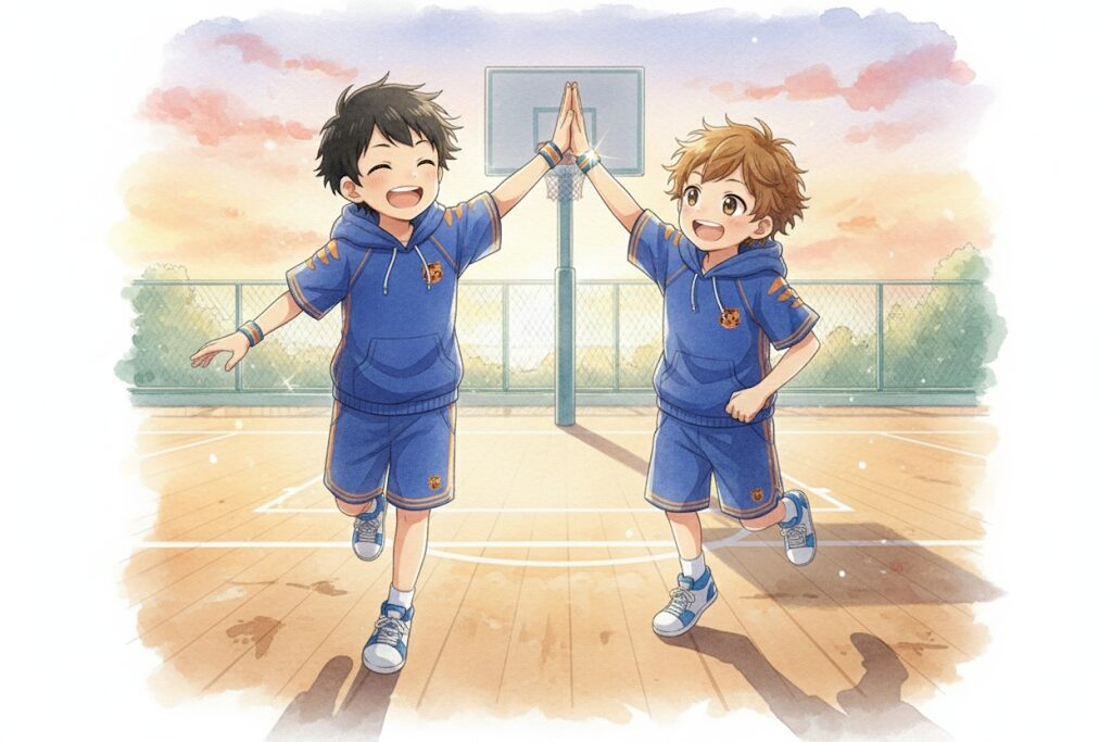 夕暮れのバスケットコートで、練習後に笑顔でハイタッチする大雅と奏。二人の腕にはお揃いのリストバンドが光っている。