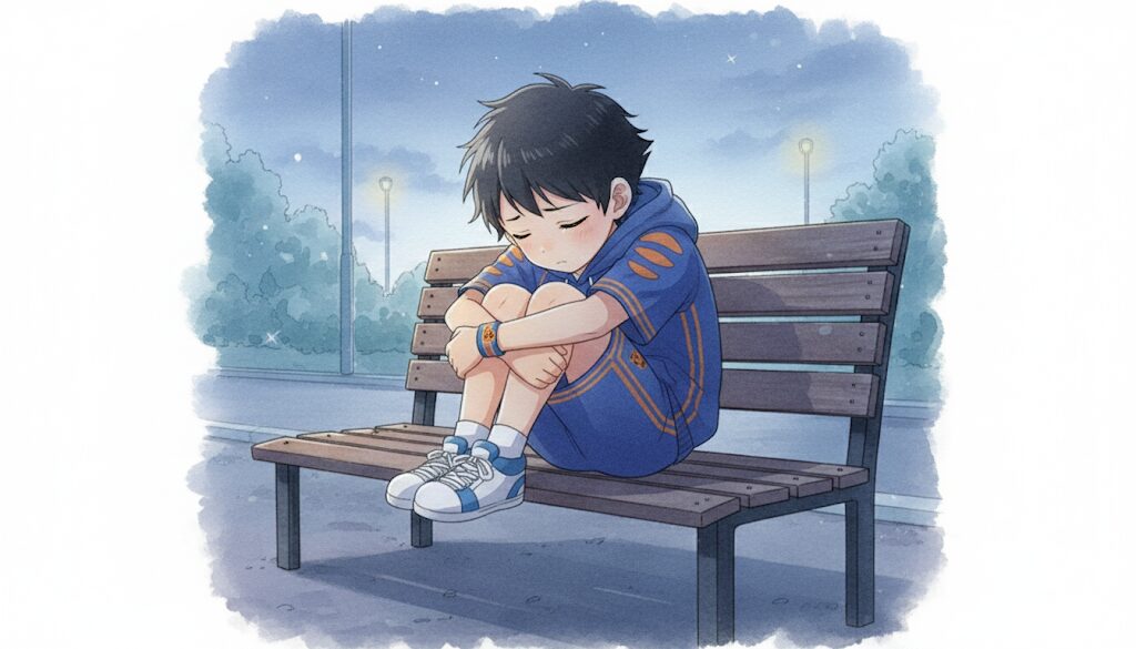 公園のベンチで一人膝を抱える大雅。その手は無意識にお揃いのリストバンドをぎゅっと握りしめている。彼の孤独と、奏への断ち切れない想いを表現。