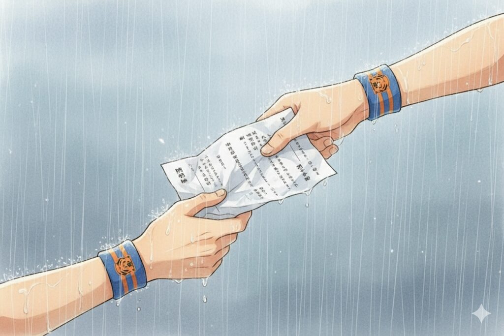 雨の中、差し出された整形外科の申込書を受け取る大雅の手と、渡す奏の手のクローズアップ。奏の腕にも、雨に濡れた同じリストバンドが巻かれている。