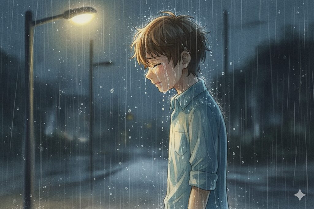 雨に打たれながら、本心を打ち明けて涙を流す奏の横顔。彼の後悔や友情の深さが痛いほど伝わってくる表情。