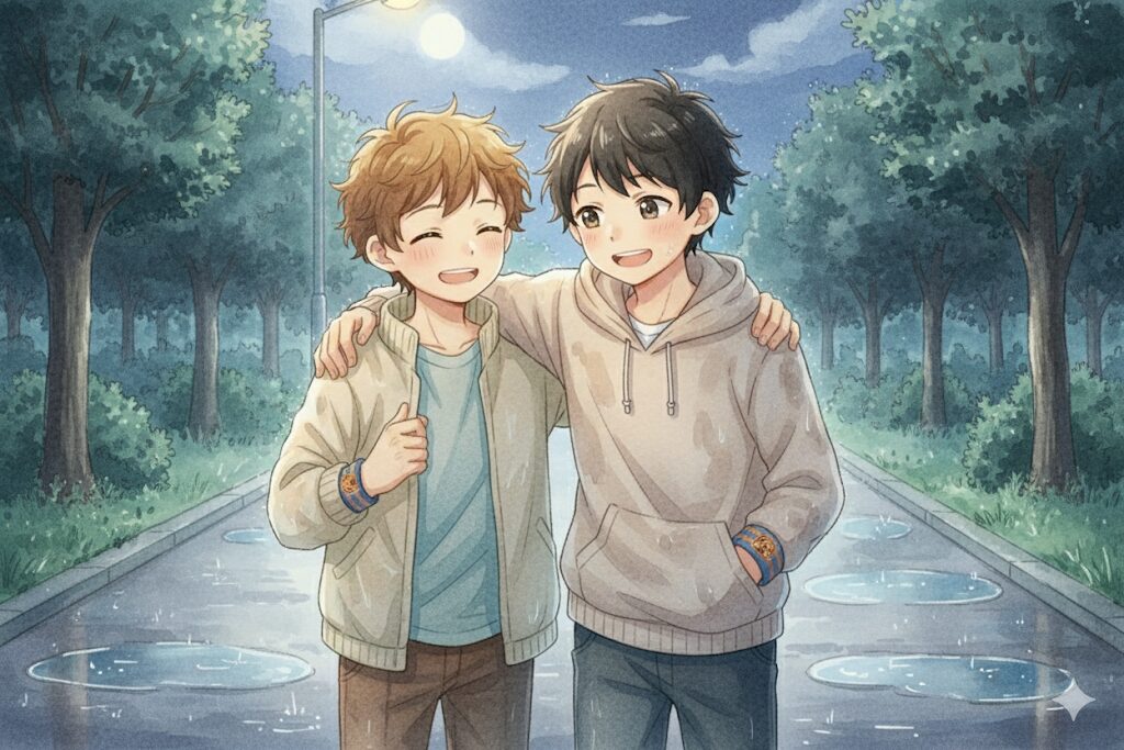 雨上がりの夜、お互いの肩を組み、照れくさそうに、でも少し安心したように笑い合う大雅と奏。二人の腕に並んだリストバンドが月に照らされている。