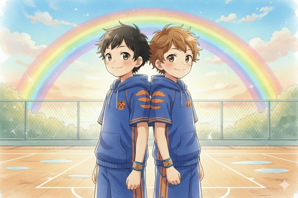一年後、バスケットコートで背中合わせに立つ、ユニフォーム姿の大雅と奏。少し使い込まれたお揃いのリストバンドが、二人の力強い腕で輝いている。背景には雨上がりの虹がかかっている。