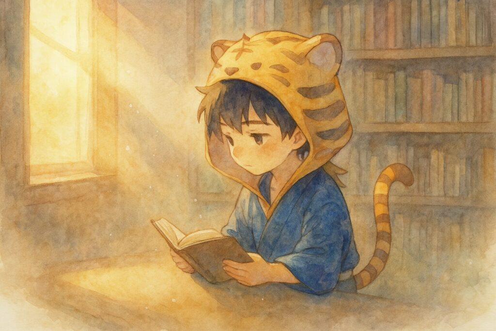 図書室の片隅で、一人ぼっちで本を読む大雅。窓から差し込む光が、彼の不安げな横顔を照らしている。