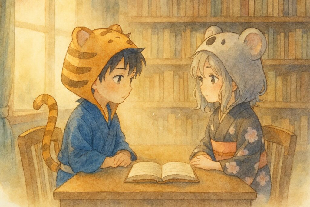 図書室のテーブルの上。同じ冒険小説を前に、少し戸惑いながらも視線を交わす大雅と心愛。二人の間の緊張感が伝わる。