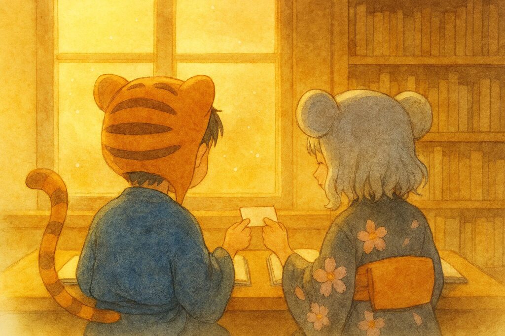 図書室の窓際で、二冊の本を広げ、楽しそうにメモを交換し合う大雅と心愛。時々、顔を見合わせてはにかんでいる。温かい光が二人を包み込んでいる。